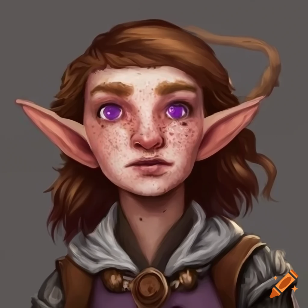 Young non binary ranger gnome with wavy light brown hair and violet-grey eyes