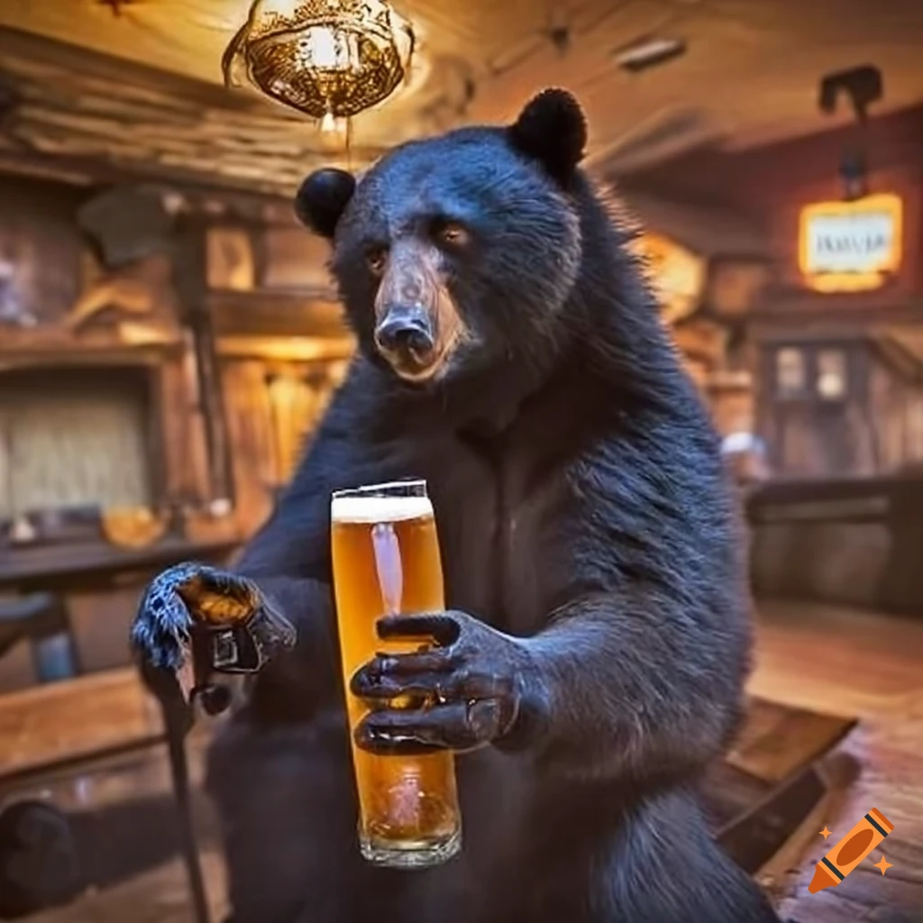 Black bear with a west-style ale at a rustic saloon with cowboys