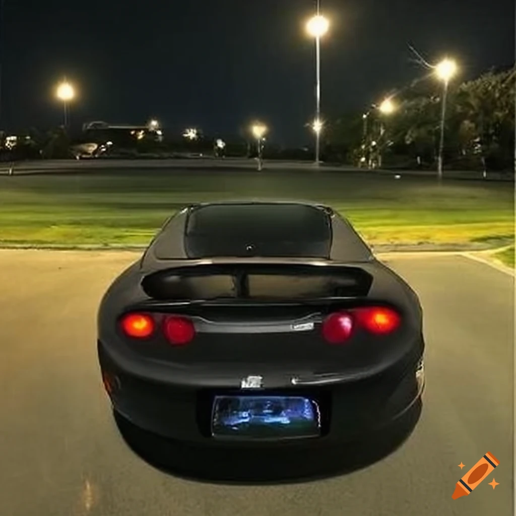 Sleek black 2004 Mitsubishi Eclipse with neon-colored nitrous oxide canisters under a starry night sky