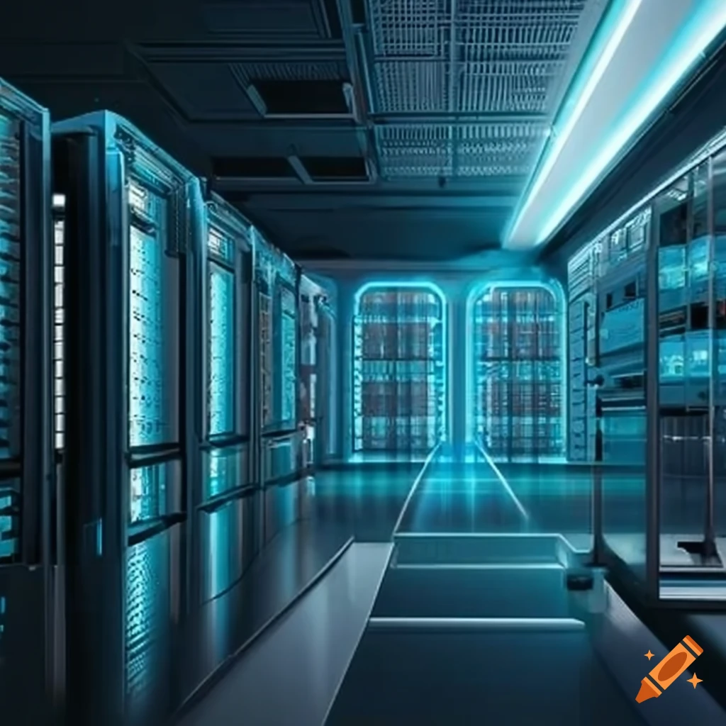 Futuristic computer servers in a large room on Craiyon, image size:1024x1024
