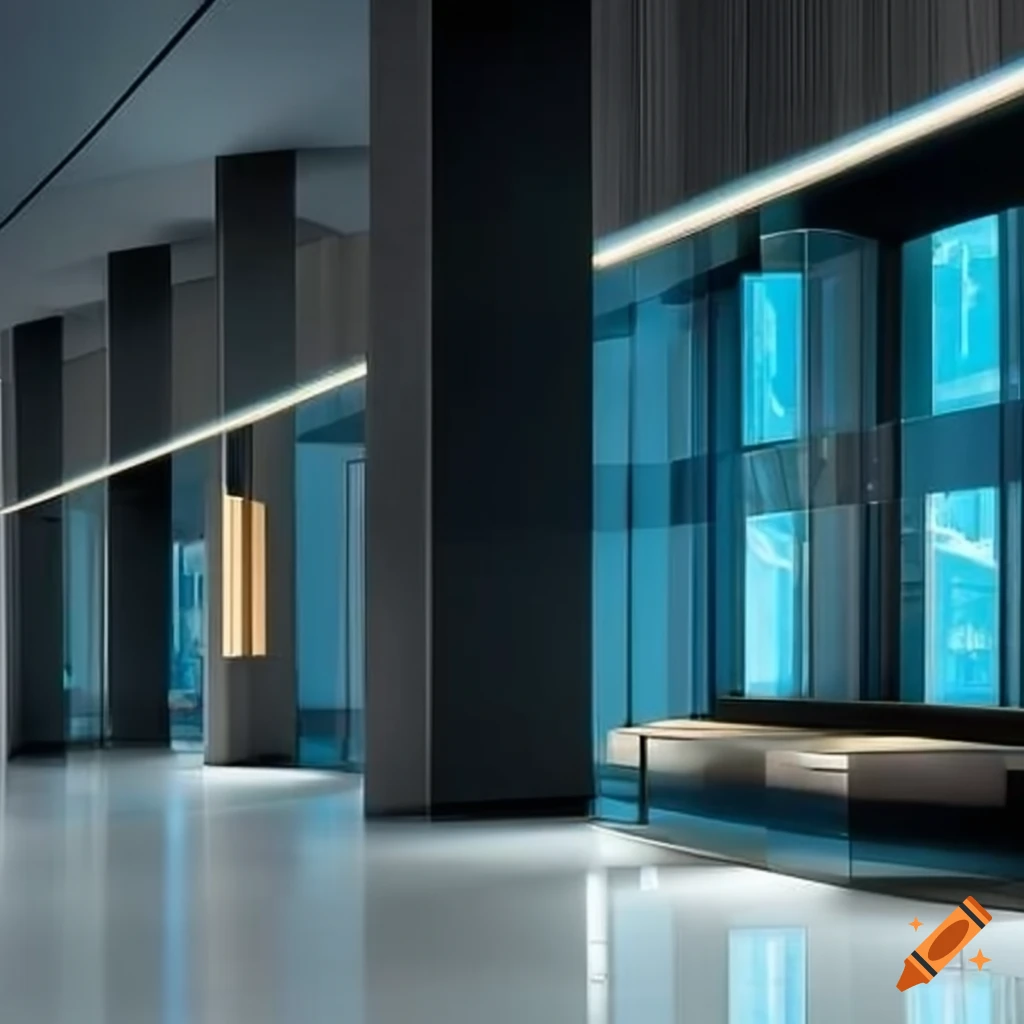 Modern bank lobby with high-tech features and glossy surfaces