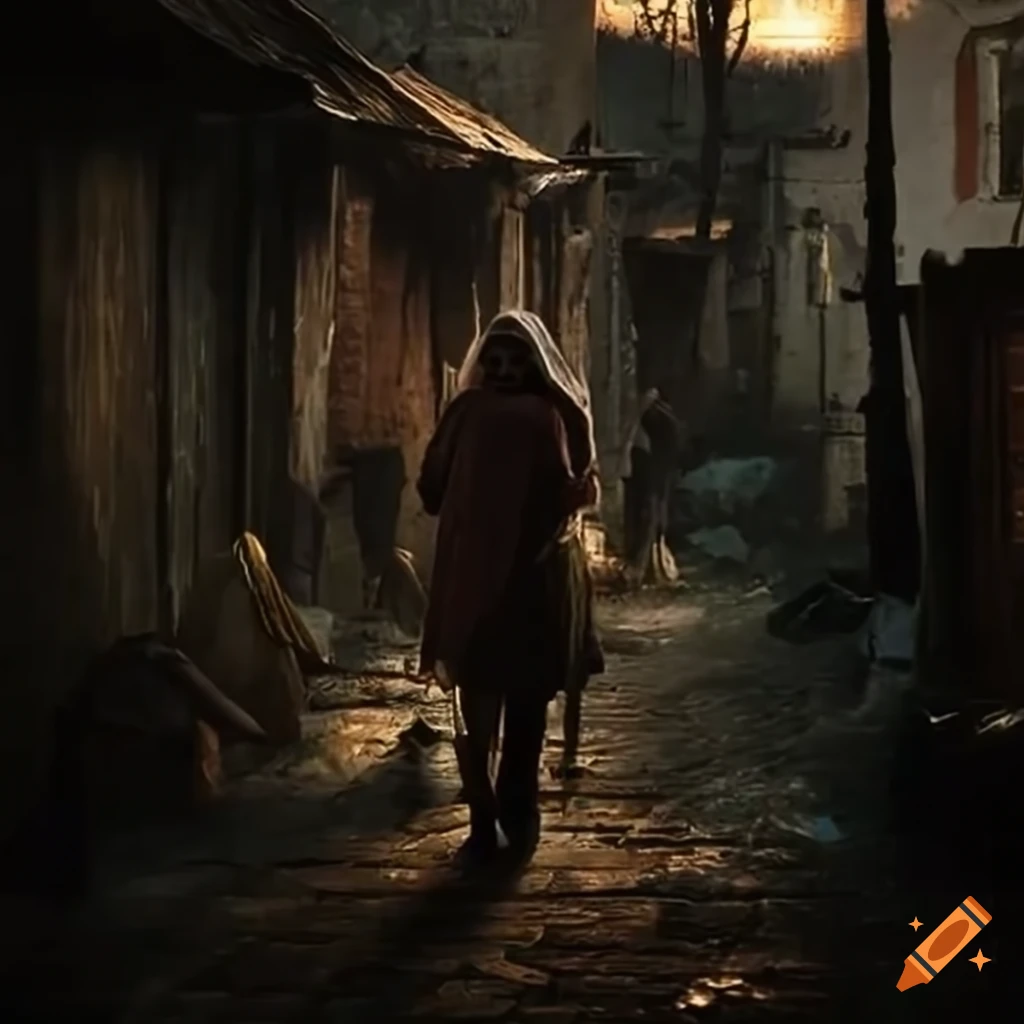 Walking through crowded medieval poverty slums in the rain