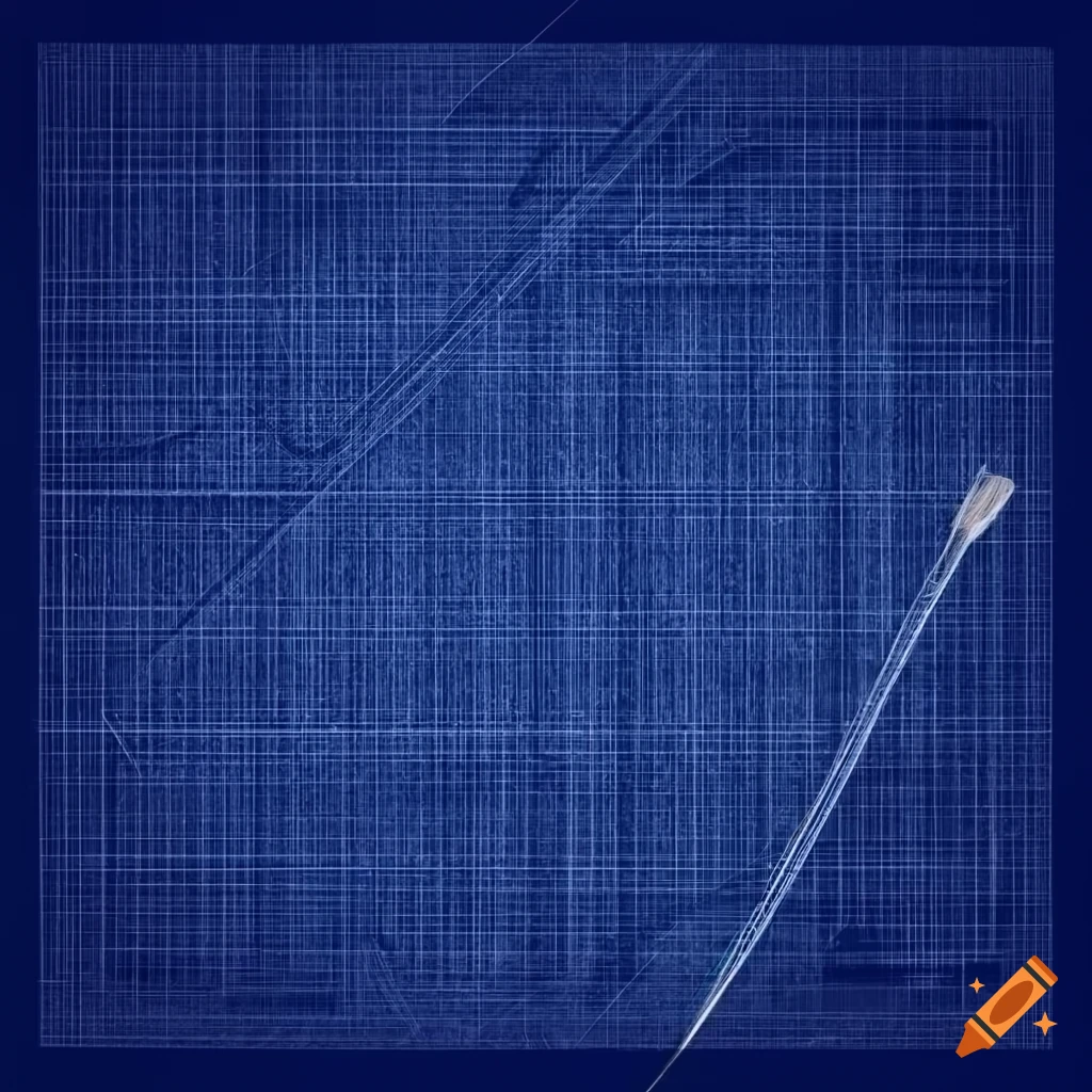 Yarn and knitting needles technical blueprint on dark blue background