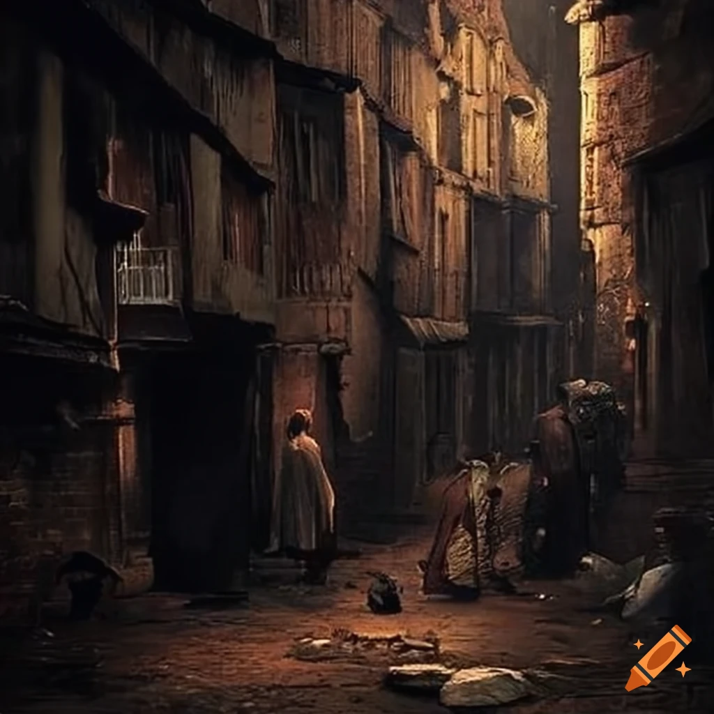 Crowded medieval poverty slums in the rain at night