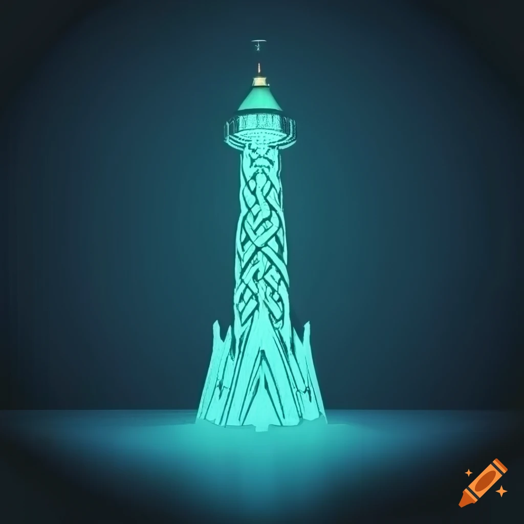 Intricate Celtic triangle background with tall illuminated lighthouse