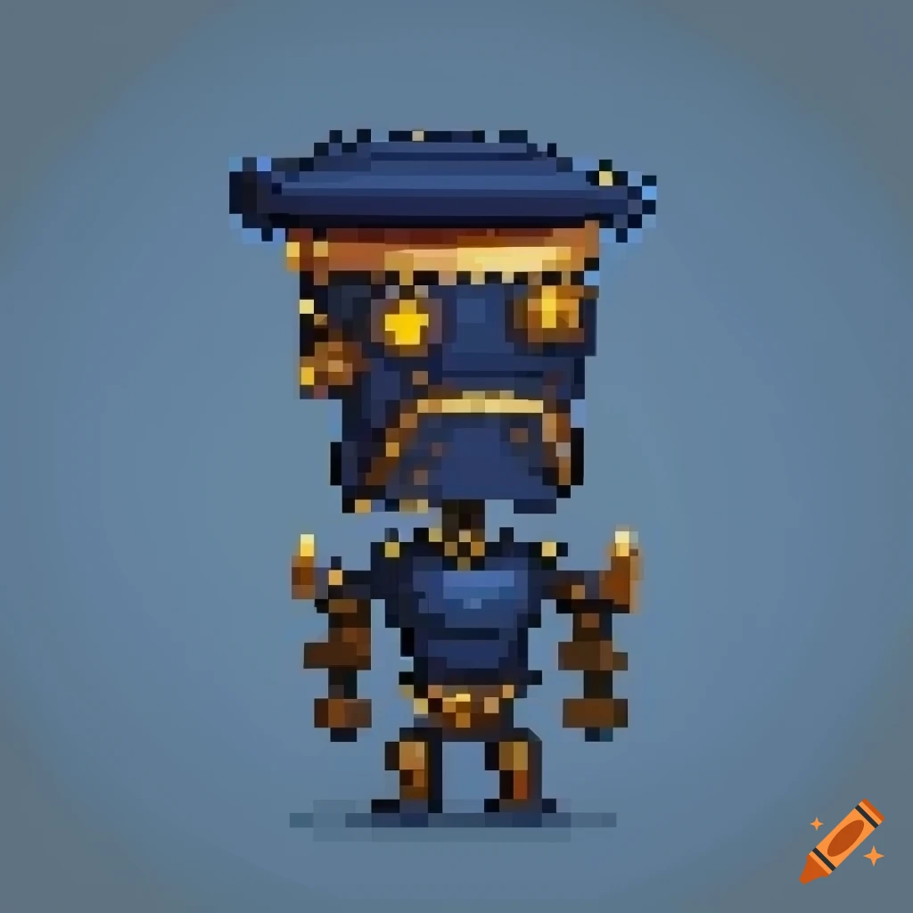 Pixelart steampunk robot in army uniform with army cap in wild west theme