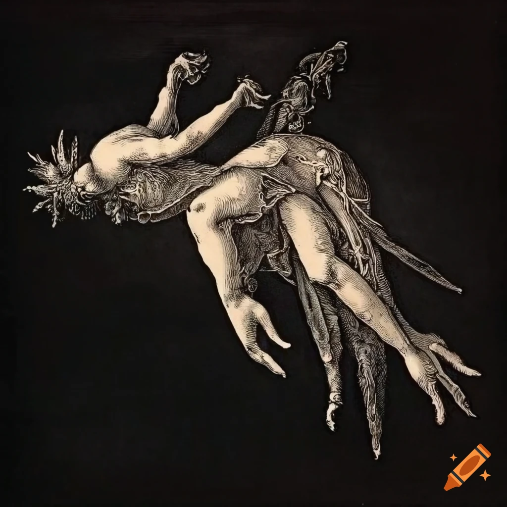 Flying sea slugs in the sky in 15th-century style like Albrecht Durer's work