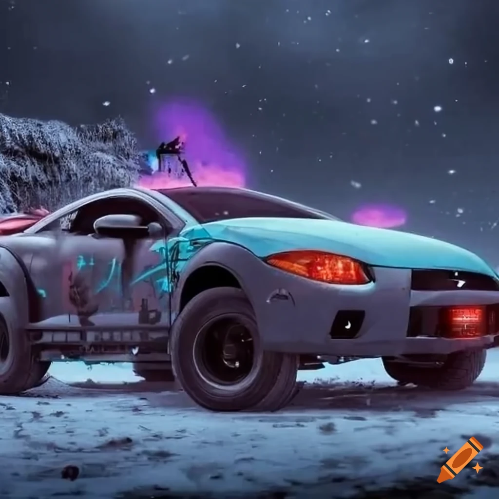 Futuristic Mitsubishi Eclipse with neon graffiti in a snow-filled wasteland at night