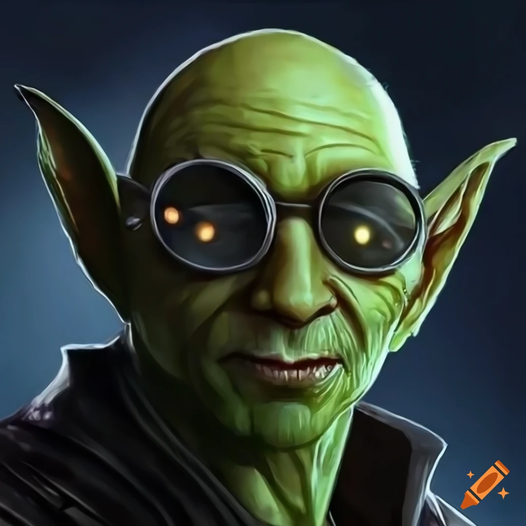 Handsome goblin with round sunglasses in a dungeons and dragons fantasy setting