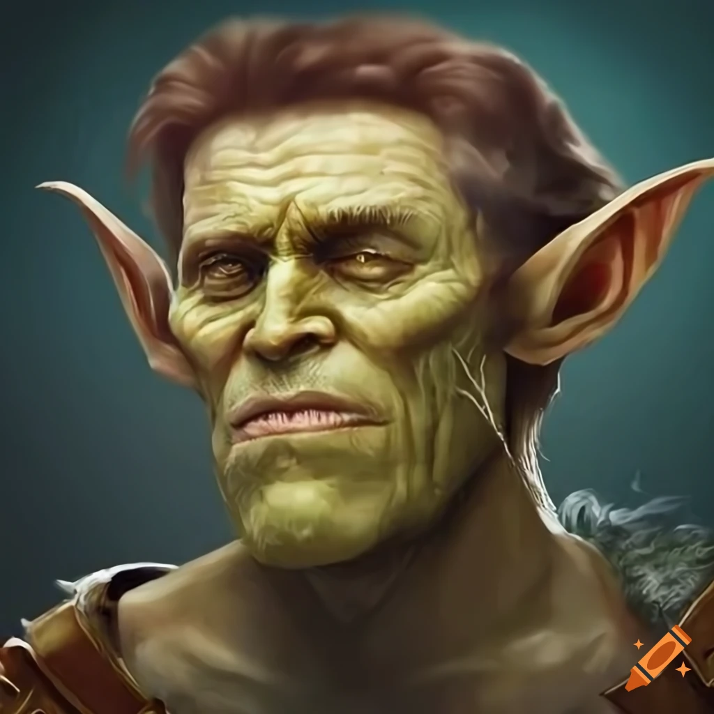 Goblin character Willem Dafoe in high definition photorealistic fantasy art