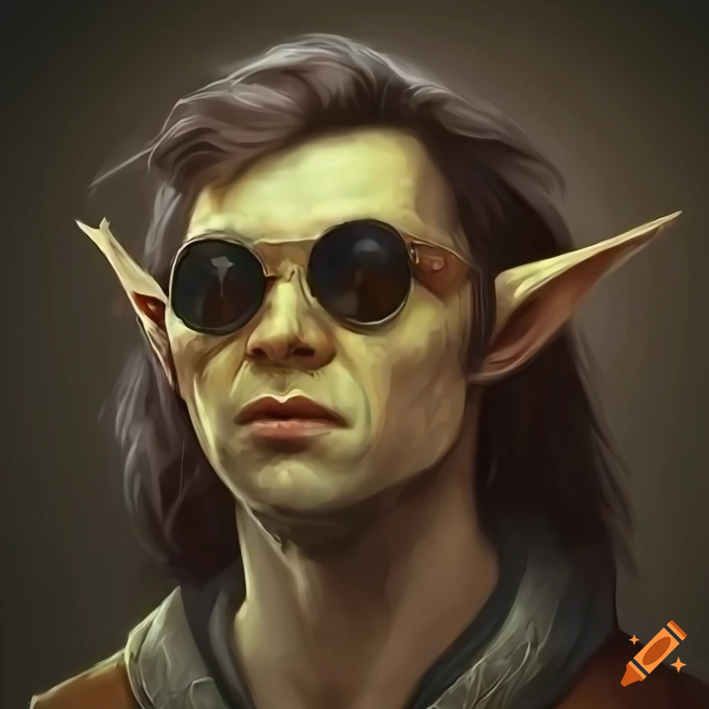 Handsome goblin with round sunglasses in photorealistic fantasy art