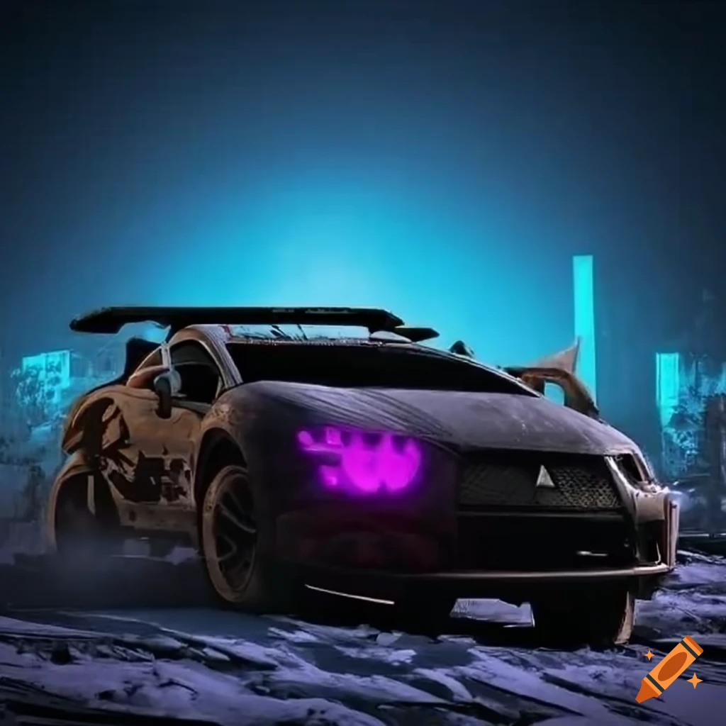 Futuristic Mitsubishi Eclipse with neon graffiti in a snow-filled wasteland at night