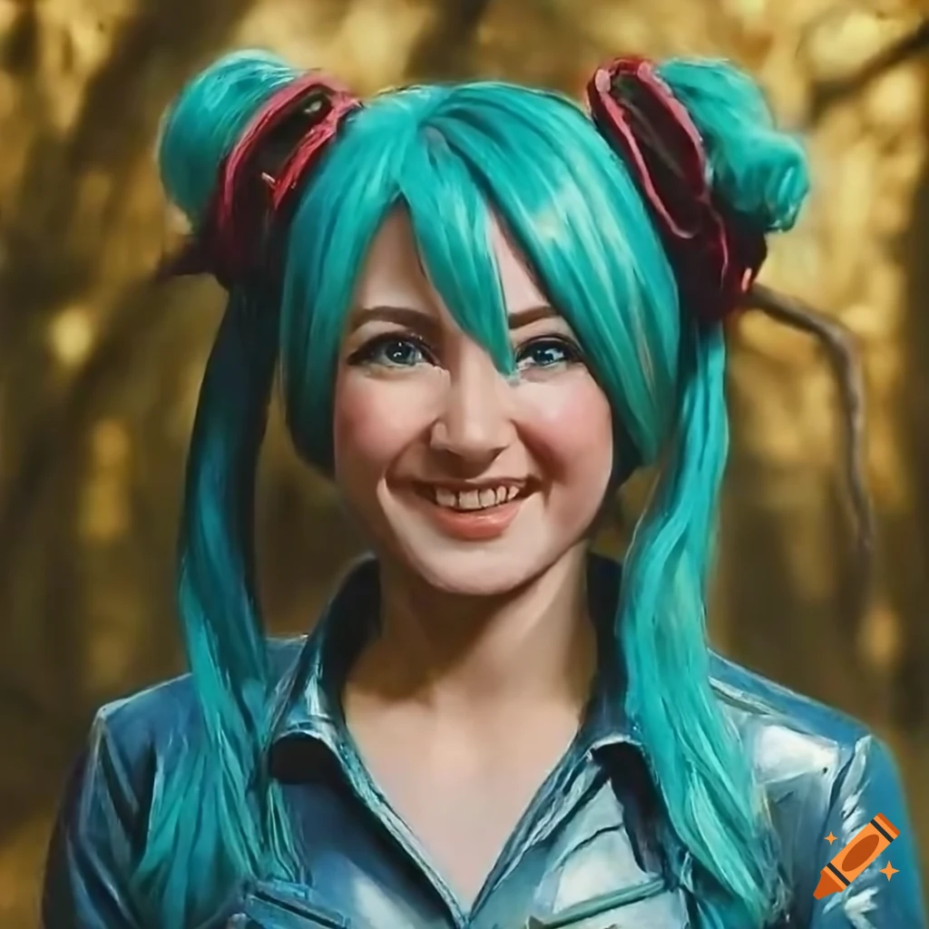 Photorealistic portrait of Fallout 4 retro Russian Miku Hatsune idol in blue vault-suit in a blooming forest