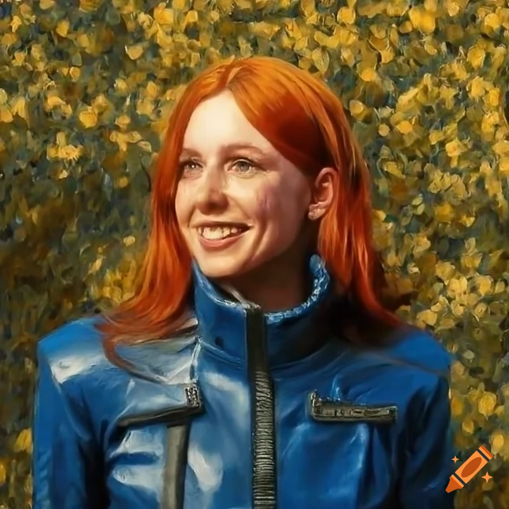 Hyperrealism portrait of retro French actress in blue leather vault-suit in forest setting
