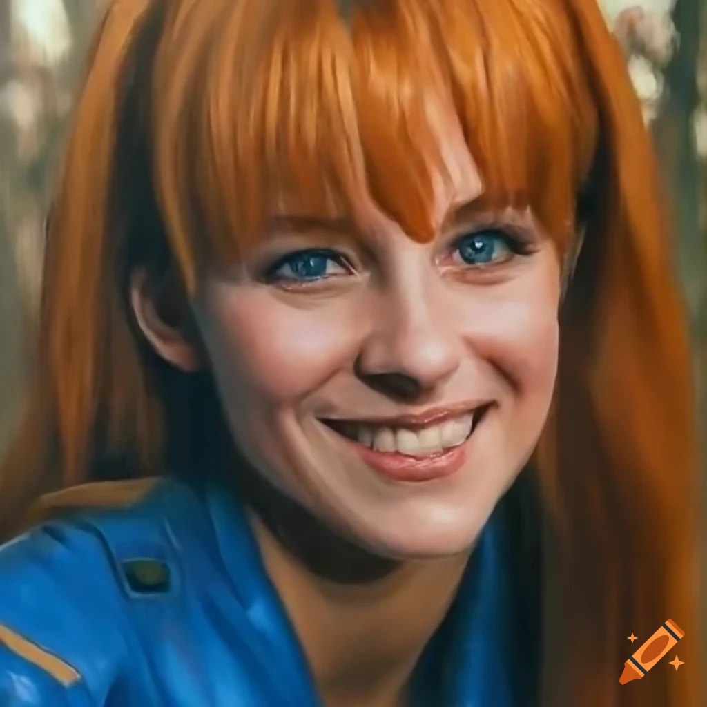 Portrait of Asuka Langley in retro vault-suit in a blooming forest