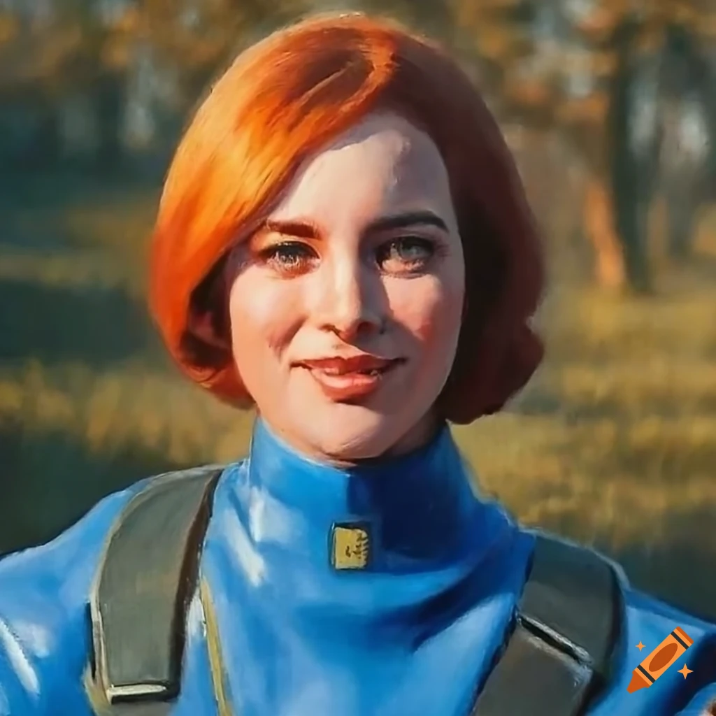 Portrait of a cute smiling retro actress in a blue leather vault-suit in a blooming forest