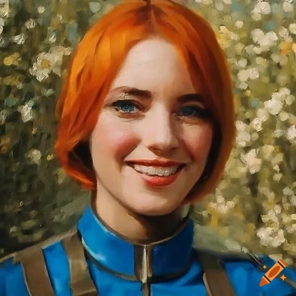 Hyperrealism portrait of retro French actress in blue leather vault-suit in forest setting