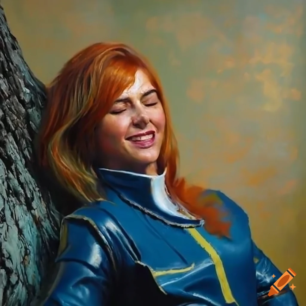 Hyperrealistic painting of smiling Irish idol actress in blue vault-suit sleeping under a blooming tree