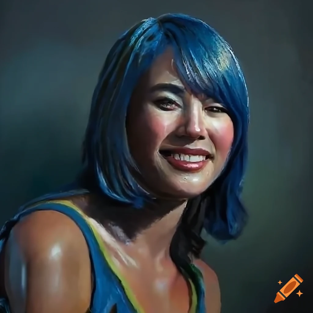 Photorealistic depiction of smiling idol actress in blue vault-suit under a blooming cherry