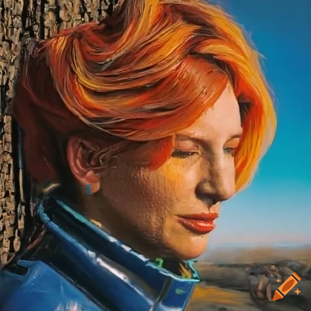 Hyperrealism pixel art of actress in blue leather vault-suit under a cherry tree in Fallout 4 scene