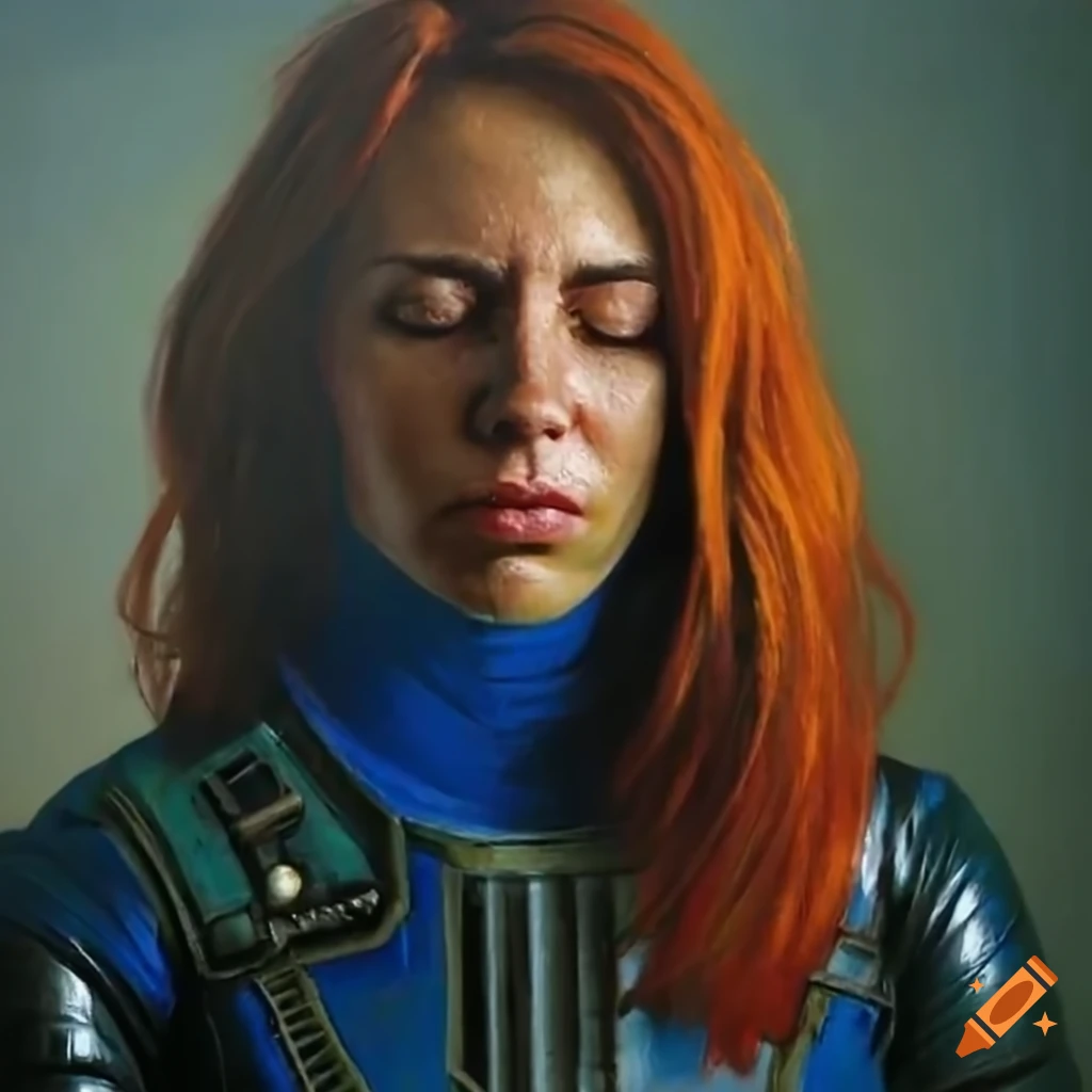 European woman in blue vault-suit sleeping under a cherry tree in a Fallout 4 inspired scene