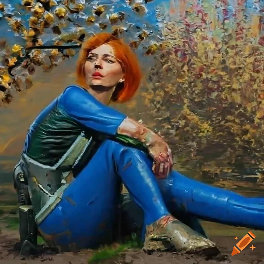European woman in blue vault-suit sleeping under a cherry tree in a Fallout 4 inspired scene