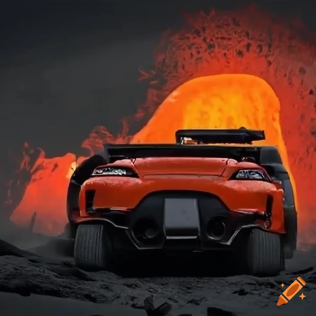 Orange Mad Max Fury Road Mitsubishi Double Shotz racing through snowy volcanic wasteland at night