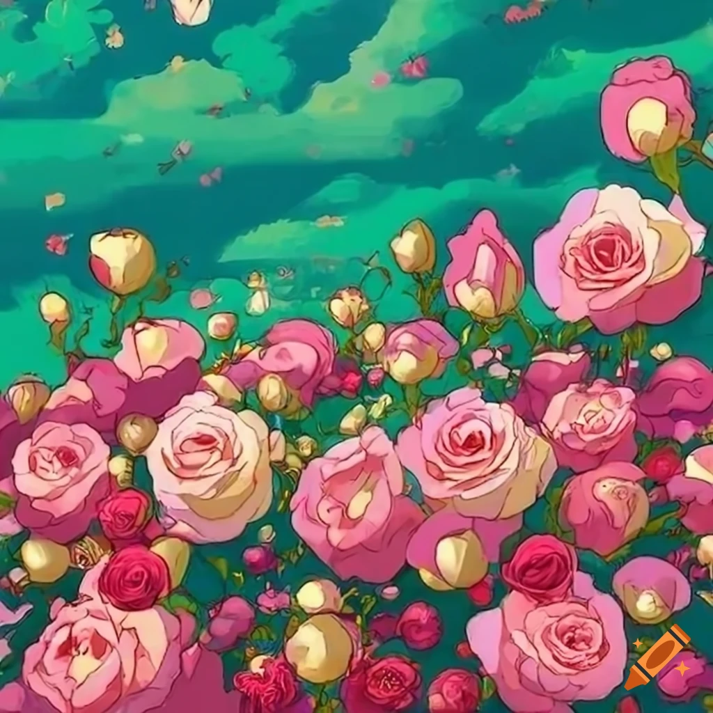 Colorful garden of roses in Studio Ghibli style