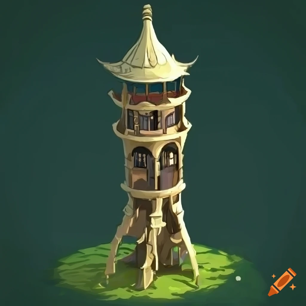 Isometric view of an elven tower on stilts exterior