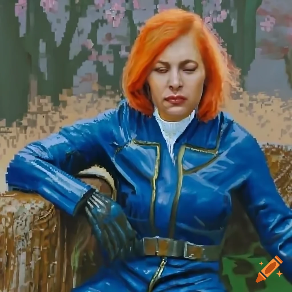 Fallout 4 Irish woman in blue vault-suit sleeping under a cherry tree