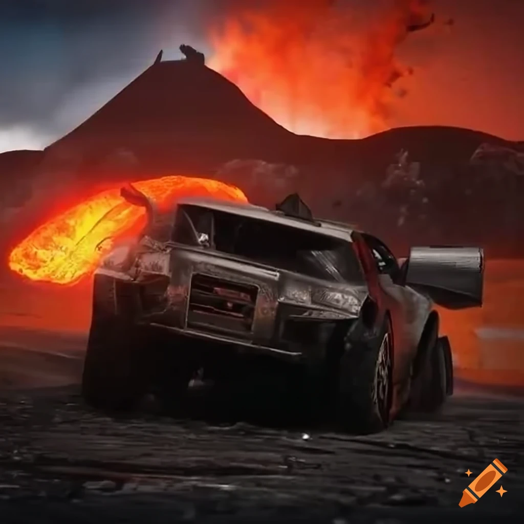 Orange Mad Max Fury Road Mitsubishi Double Shotz racing through snowy volcanic wasteland at night