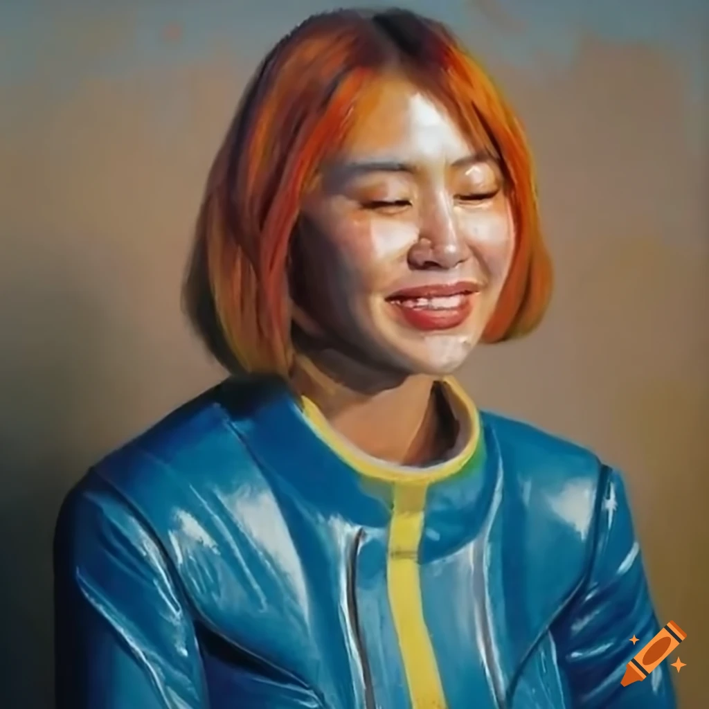 Photorealistic painting of a cute Korean woman in a Fallout 4 vault-suit sleeping under cherry blossoms