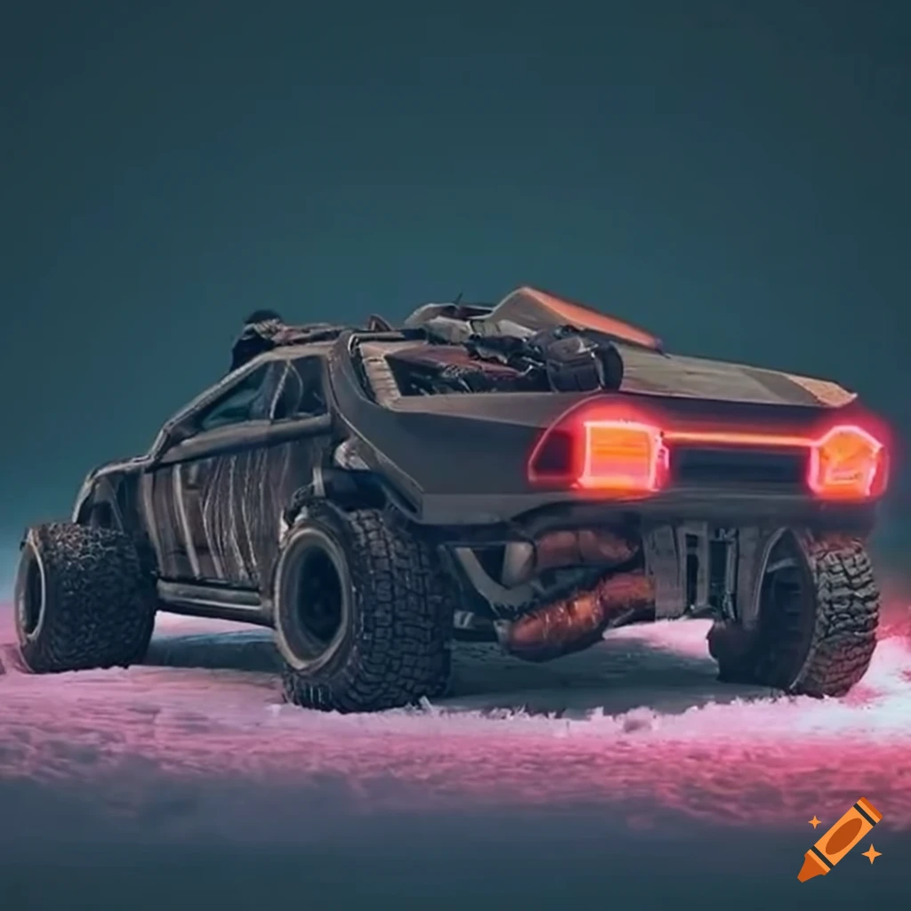 Black sports car with glowing nitrous oxide cans and neon graffiti decals, rear view