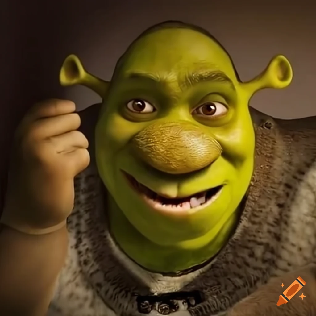 Shrek showing teeth to an egg delivery man