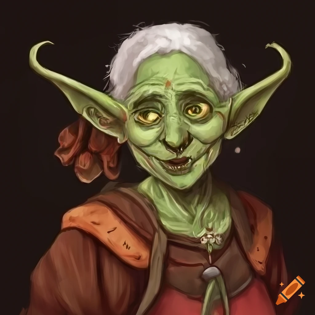 Whimsical old goblin lady in DND art style