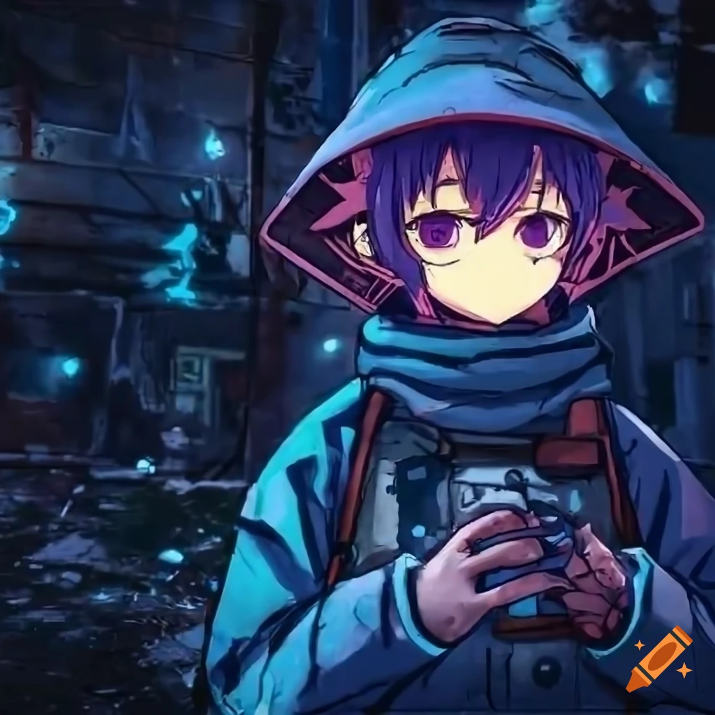 Oneshot videogame protagonist Niko exploring an abandoned industrial complex at night in anime style