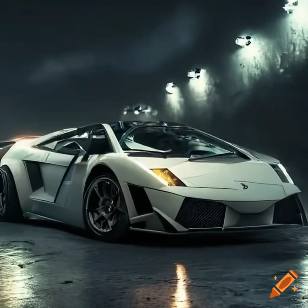 Custom white Lamborghini Gallardo 2006 in Mad Max Fury Road style on empty street at night