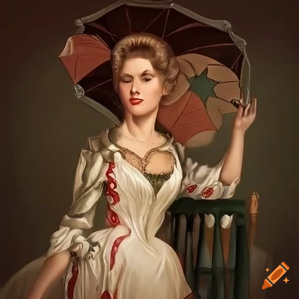 Middle-aged lady with an umbrella strolling in French-suited playing cards style