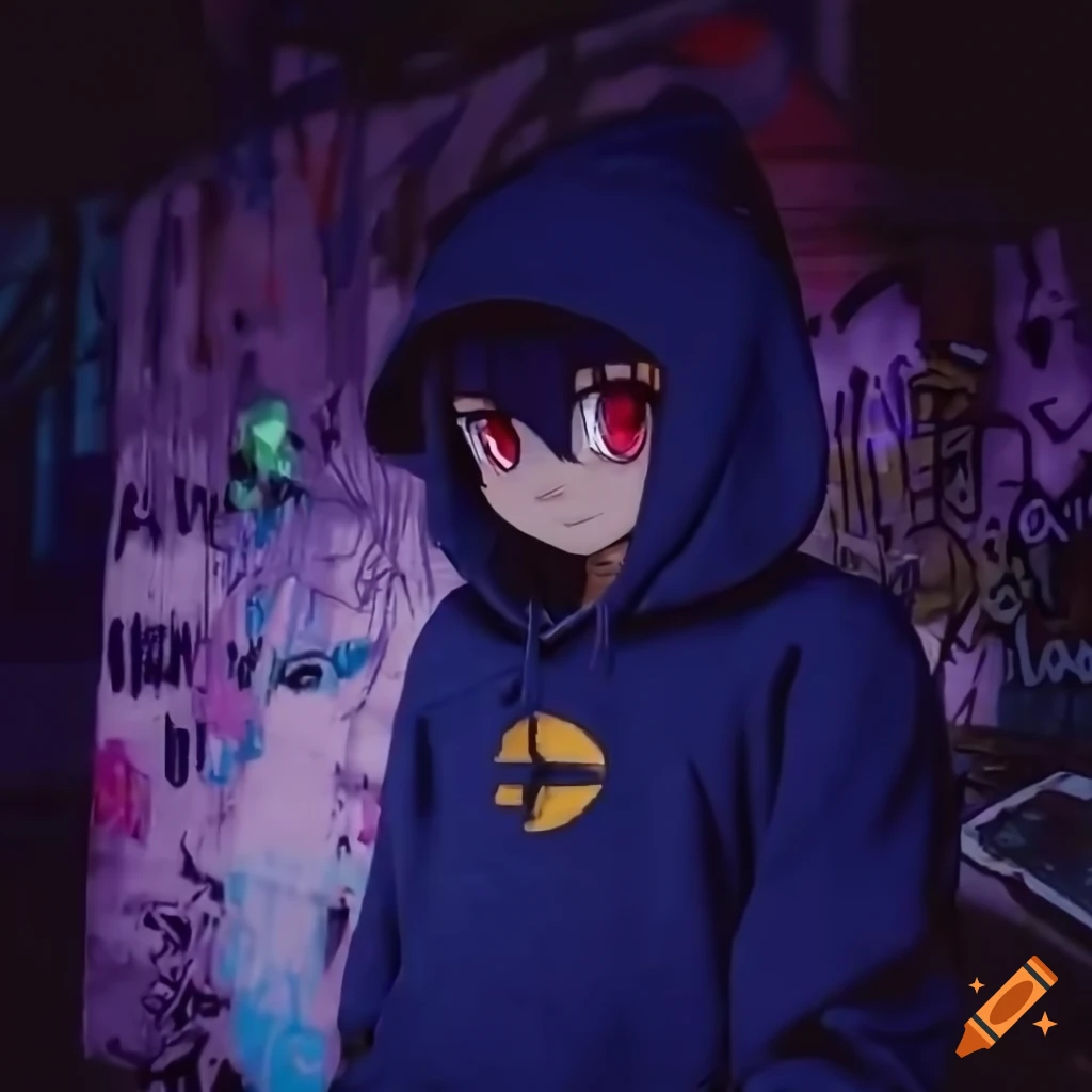 Video game protagonist Niko exploring a graffitied industrial complex on a stormy night in anime style