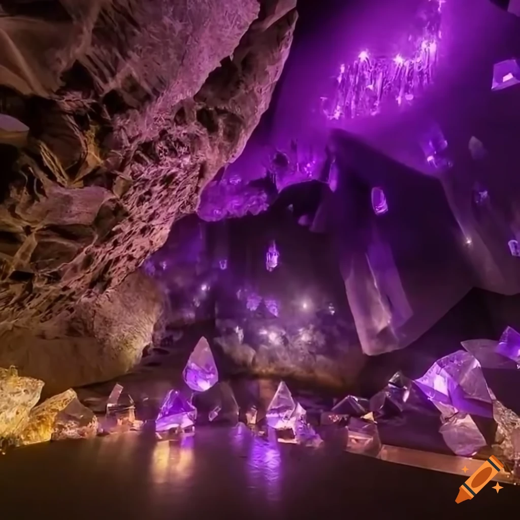 Crystal cave with giant glowing purple crystals on the ceiling