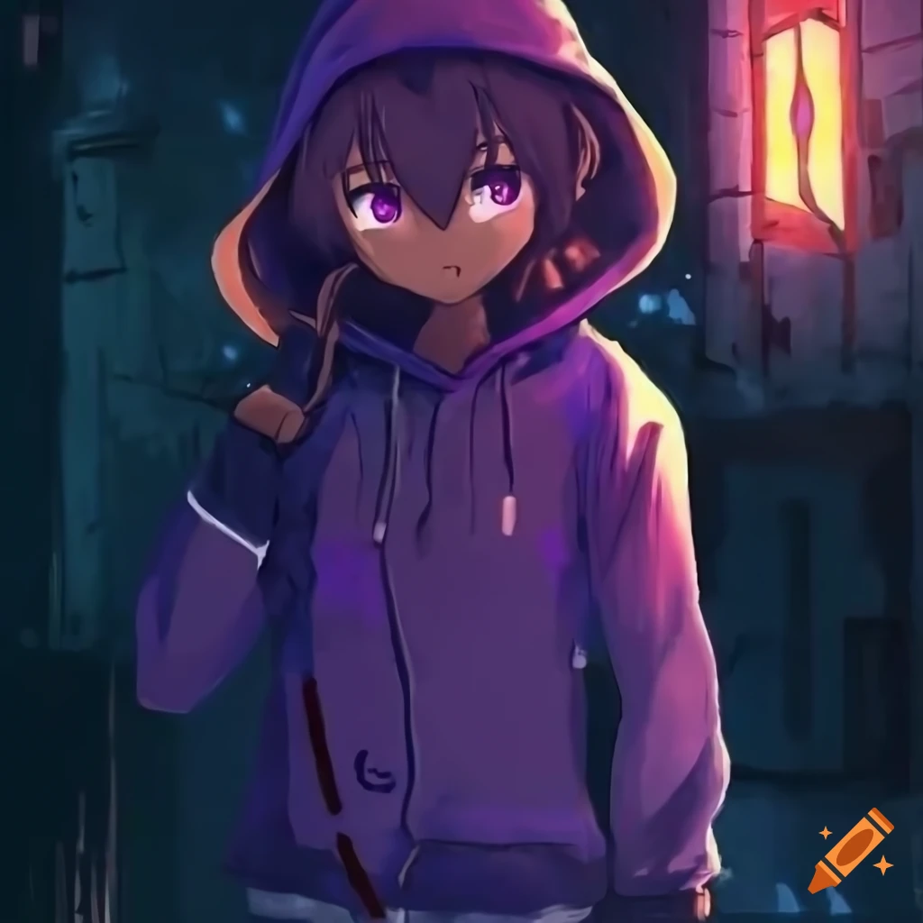 Niko exploring an industrial area in a stormy night in anime style