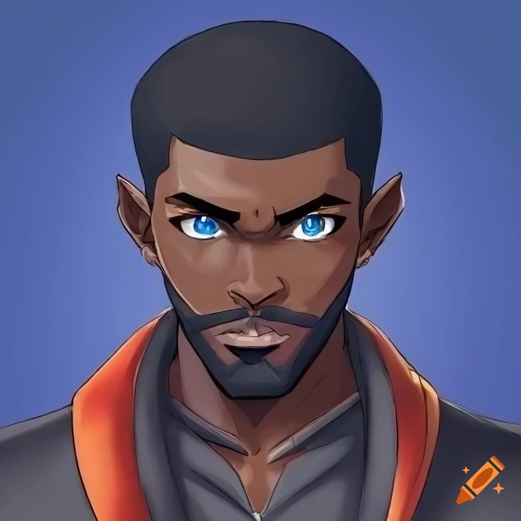 Anime style wizard, black man with striking blue eyes, sly grin
