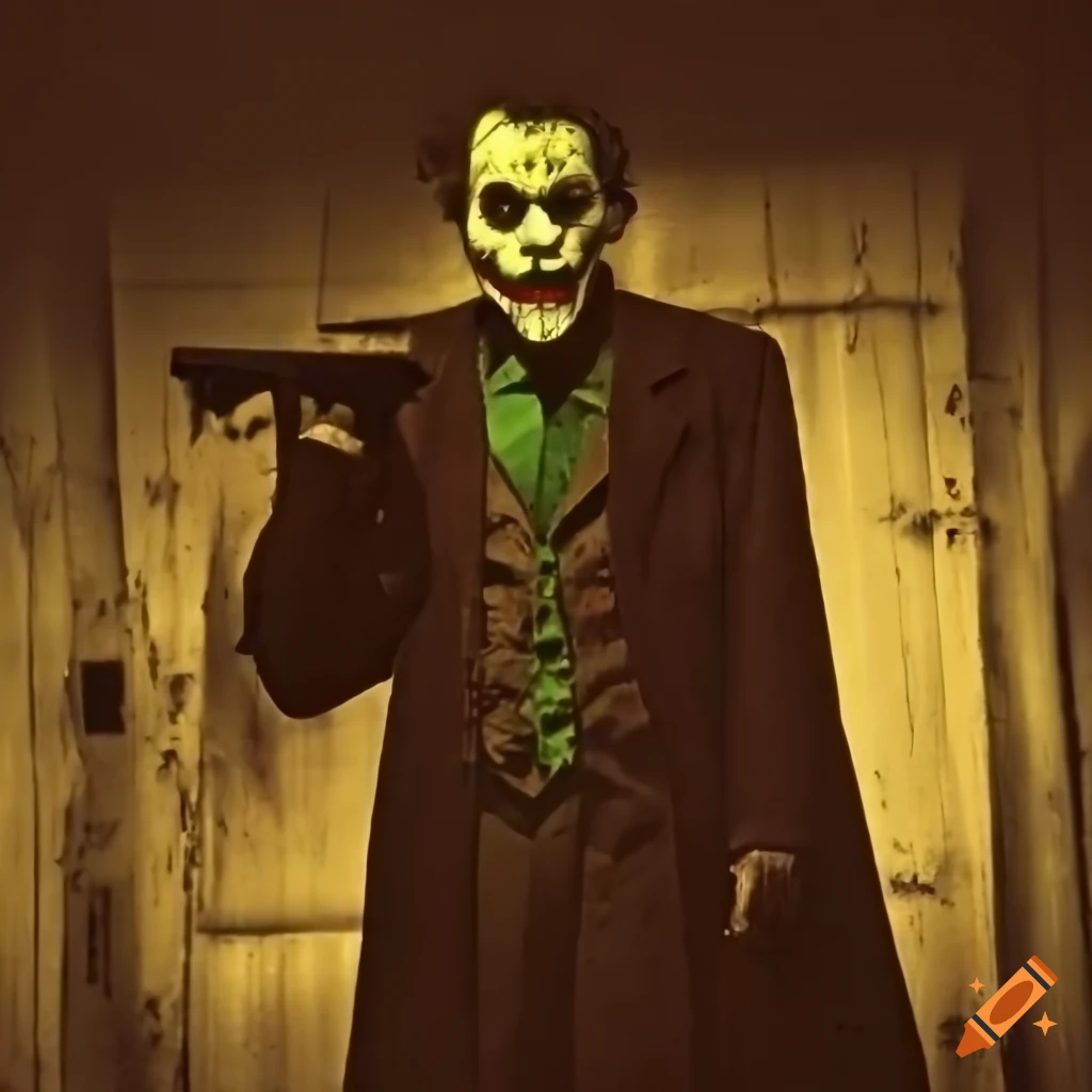 Creepy close-up sepia photo of the Joker preparing an attack near an old barn