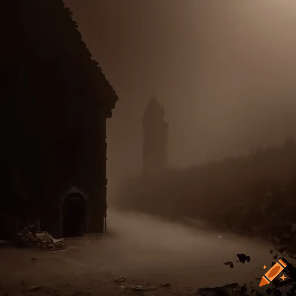 Abandoned ancient village foundation walls in nightly mist, sepia tone