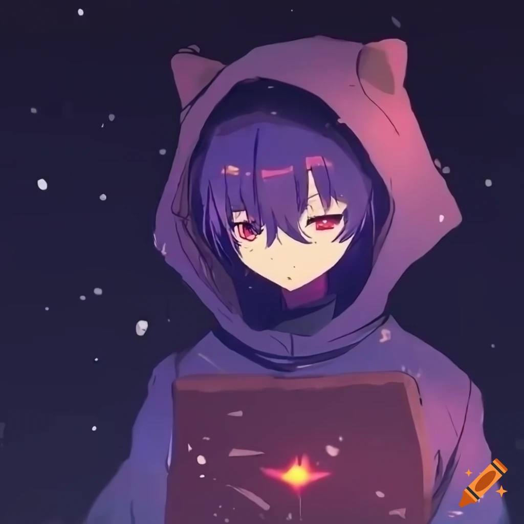 Anime art of OneShot's protagonist Niko exploring a graffitied industrial site with a wintery night atmosphere