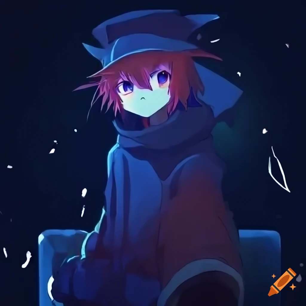 Anime art of Niko exploring a graffitied industrial site with a wintery night atmosphere
