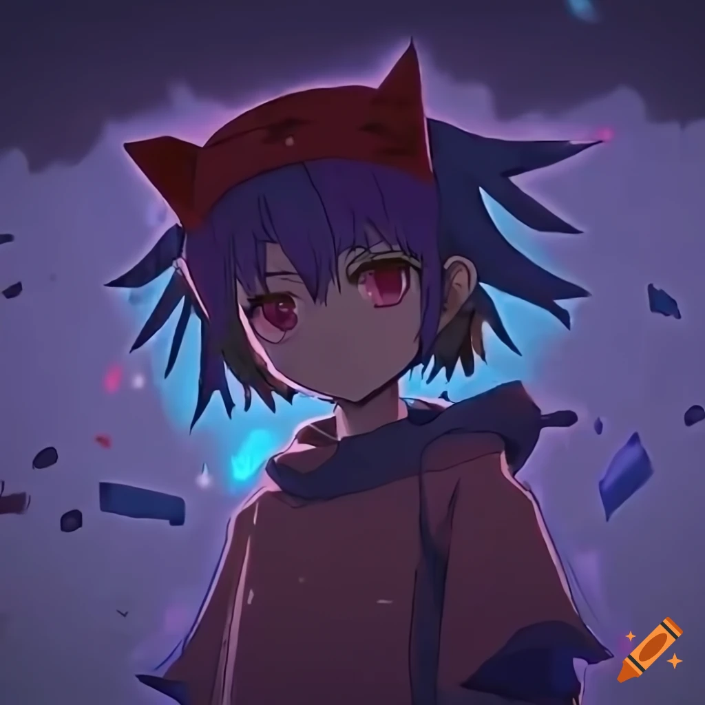 Anime art of Niko exploring a graffitied industrial site in a wintery night scene