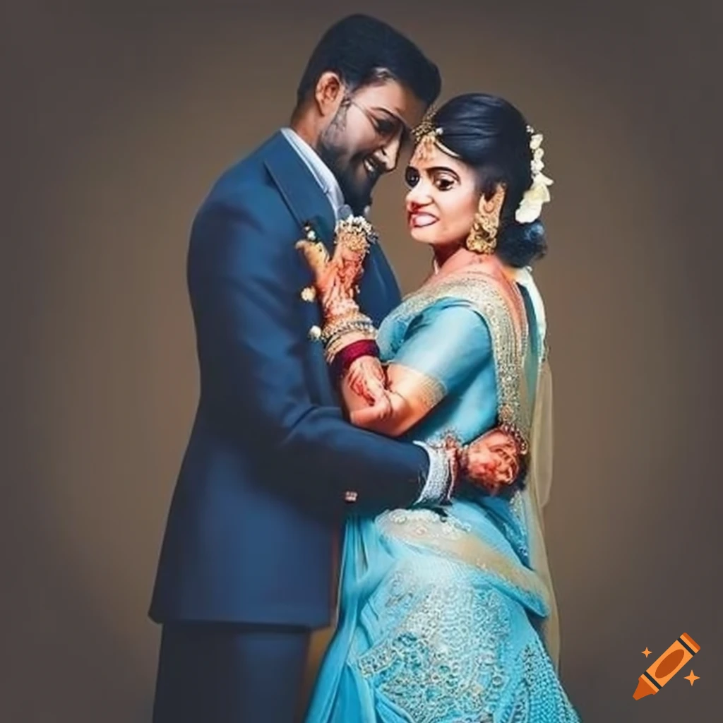 Traditional Tamil marriage reception couple - Groom in navy suit, Bride in light blue gown