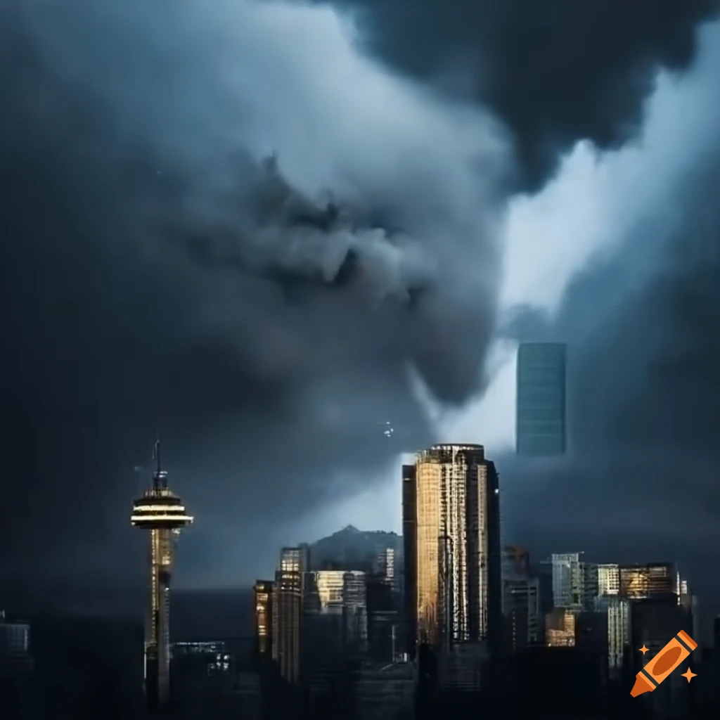 Post-apocalyptic city center in storm with tsunami approaching and Space Needle on fire