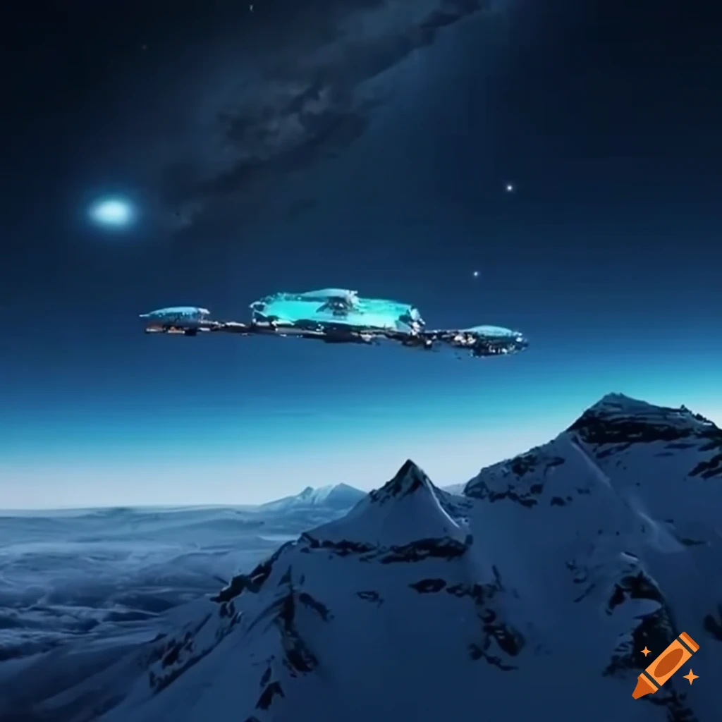View of 3 massive spaceships flying over snowy mountains at night